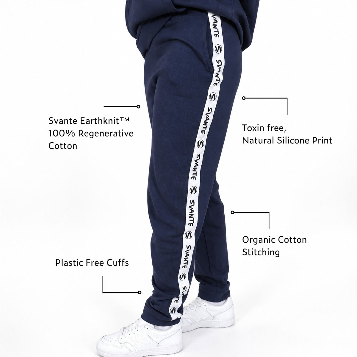 A girl wearing Svante regenerative cotton navy sweatpants with a white side stripe printed with the brand name Svante, shown from the waist down on a white background with feature callout text overlays.