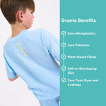 Boy wearing a light blue polyester free sports T-shirt with 'Svante' branding, alongside benefits listed on a teal sidebar.