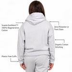 Girl shown from the back wearing a svante organic cotton light grey hoodie and matching sweatpants, with callout text pointing to features such as Svante Earthknit™ 100% regenerative cotton, zero polyester or toxic dyes, organic cotton stitching, and plastic free cuffs. 