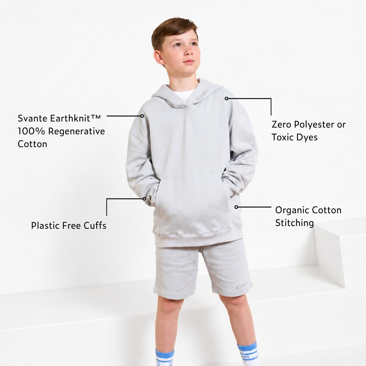 Boy wearing a Svante grey organic cotton hoodie and grey organic cotton jersey shorts with plain white studio background.  Background with text callouts highlighting product features such as Svante Earthknit™ cotton, zero polyester or toxic dyes, plastic-free cuffs, and organic cotton stitching. 