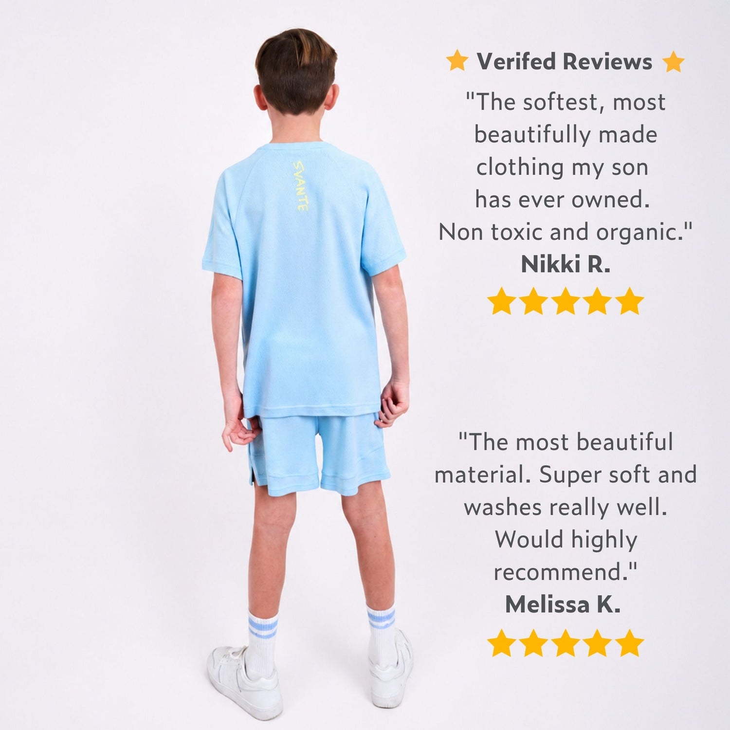 Boy wearing a light blue plastic free sports outfit with positive reviews displayed on a white background