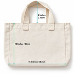 Svante organic cotton Natural canvas tote bag with teal dimension lines and text showing measurements: 12 inches / 30cm height, 15 inches / 38.5cm width, and 8 inches / 20cm handle height, on a white background.