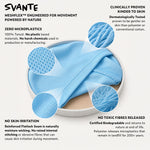 Svante Meshflex natural material technical specification diagram with blue fabric and text highlighting features like zero microplastics and clinical proven kindness to skin.