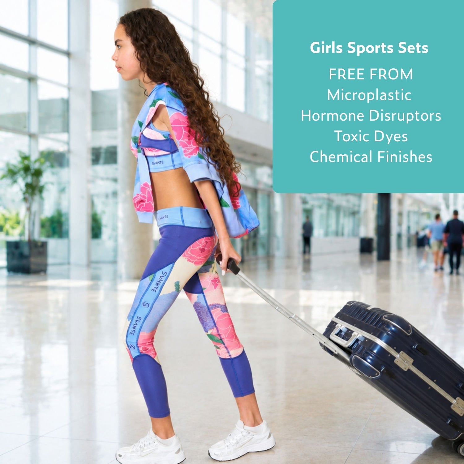 Girls Plantech™ 2-Piece Blue Floral Crop-Top & Leggings Set