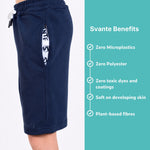 Organic cotton Navy jersey shorts with 'Svante' branding on a white background, featuring benefits text on a teal sidebar. 