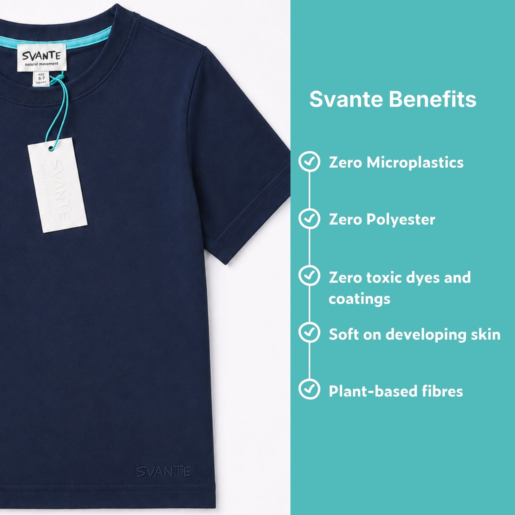 Navy blue organic cotton t-shirt with Svante label and benefits listed on a teal background. 