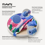Natural material sportswear product technical specification with colourful design and text about SVANTE's features. 