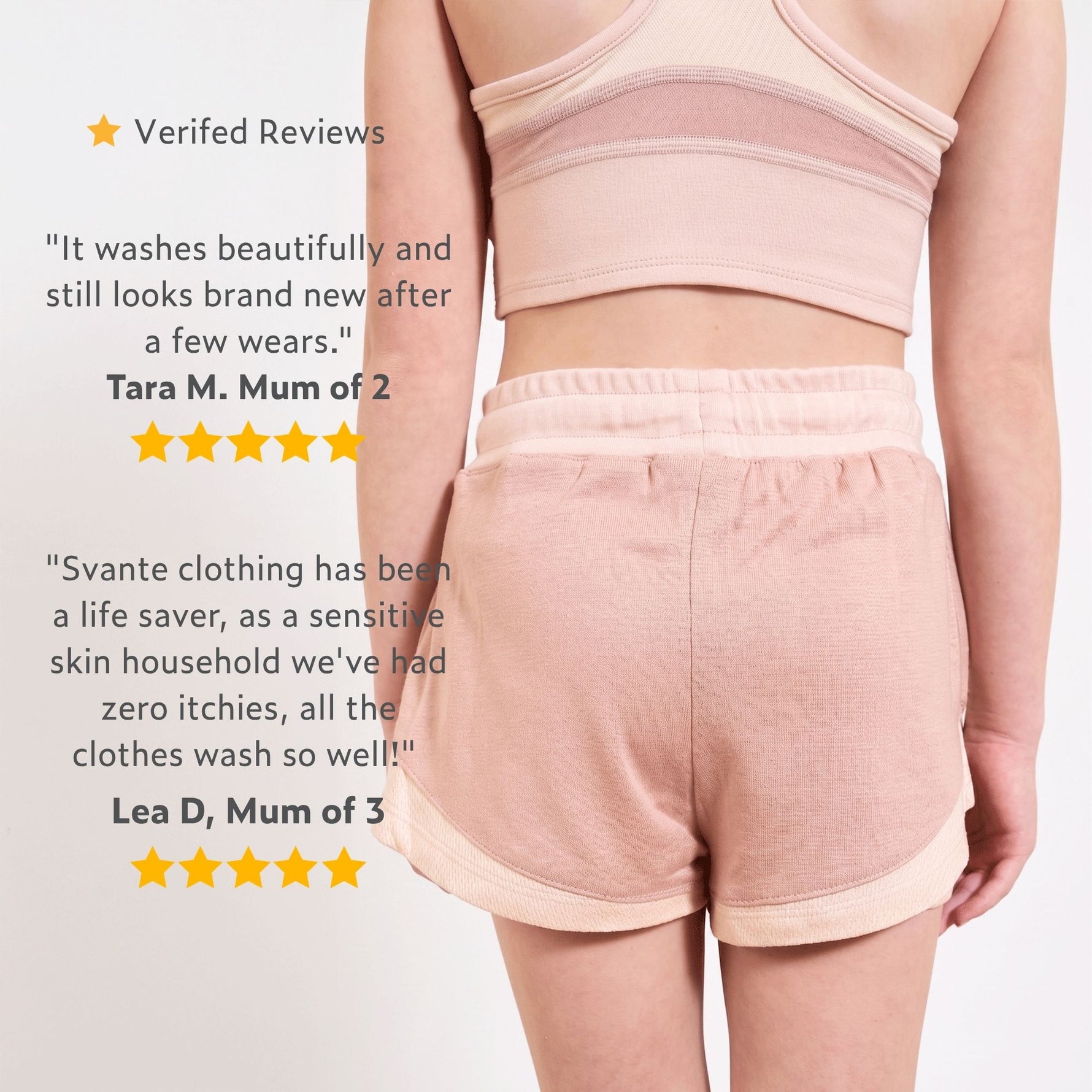 Girl wearing a pink plastic free sports shorts and pink sports crop top with text on verified reviews. 