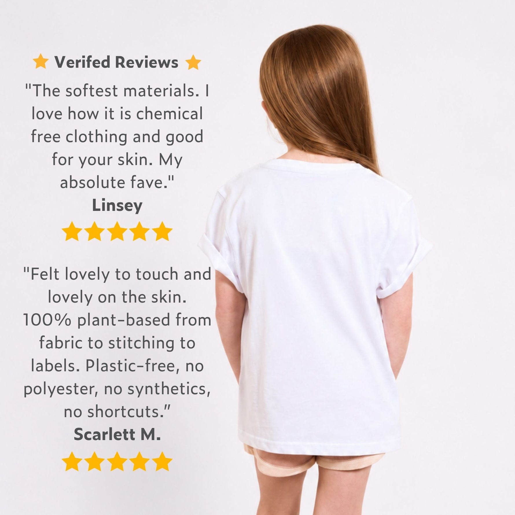 Girl wearing a regenerative cotton white t-shirt with verified reviews on a light grey background. 