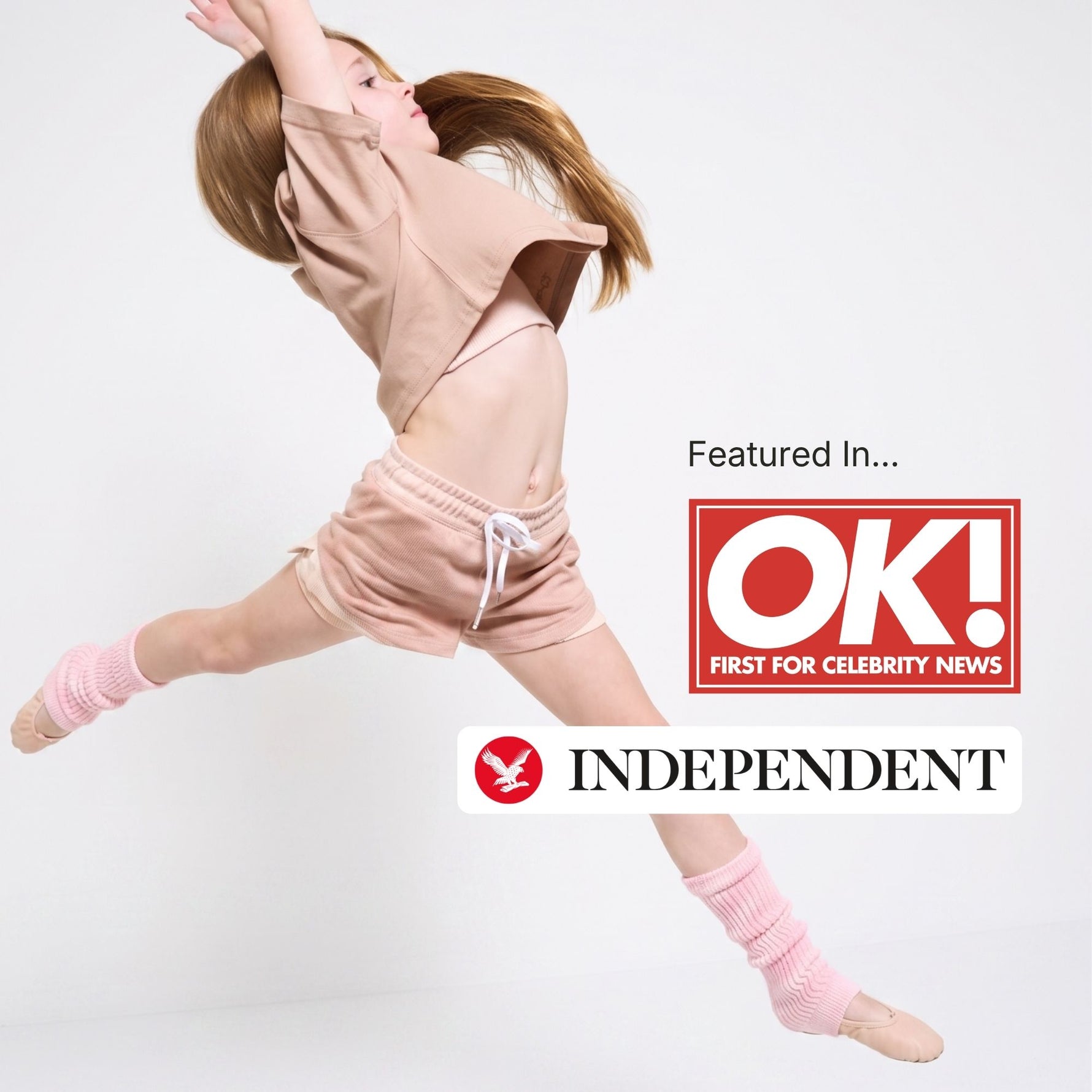 Girl doing gymnastics in pink organic cotton crop top, sports bra and pink sports shorts, with ballet shoes with OK! magazine and Independent logos. 