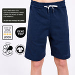 Organic cotton navy blue jersey shorts with drawstring on a white background, featuring certification logos. 