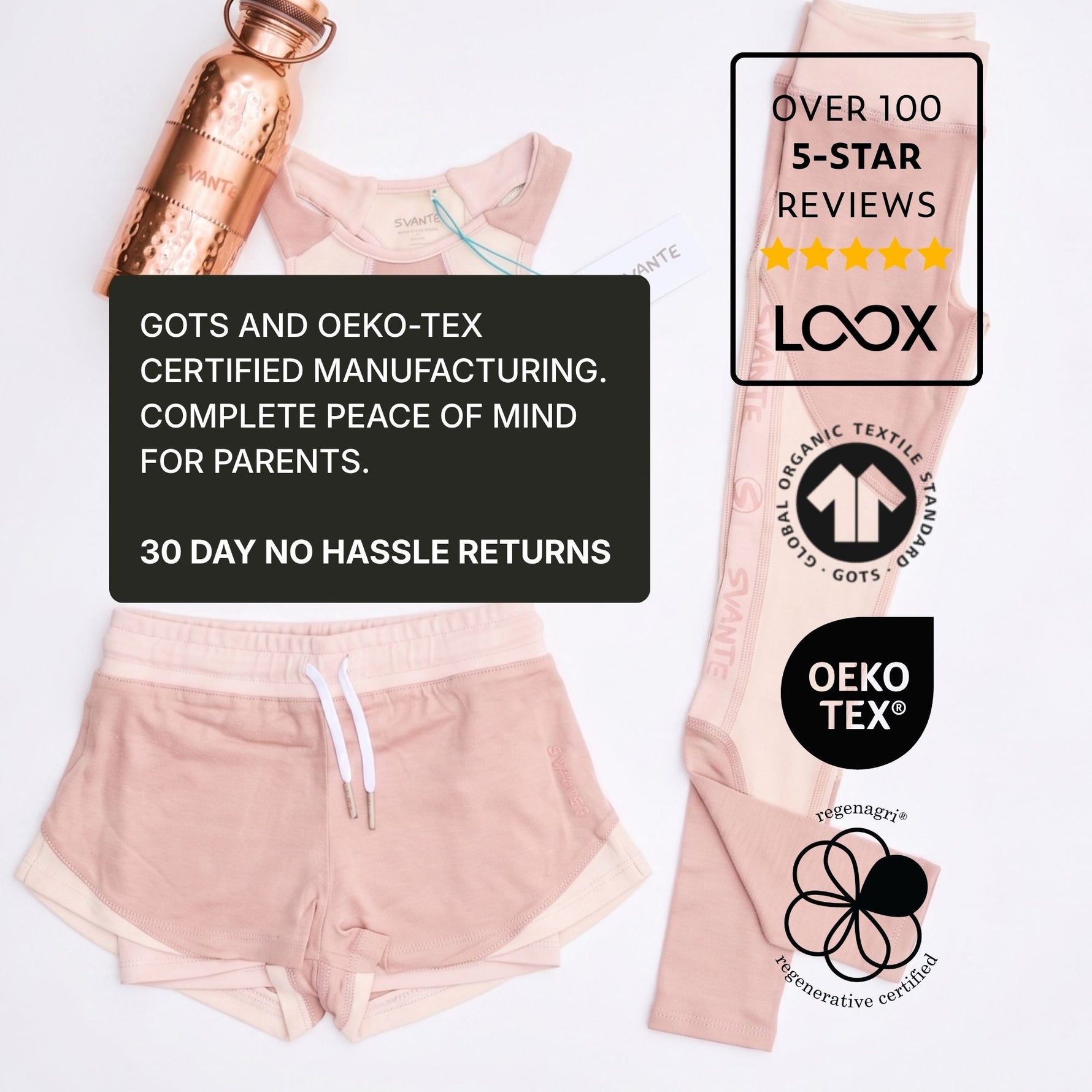 Pink children's natural material sports outfit with a copper water bottle, featuring certification logos and promotional text on a light grey background. 