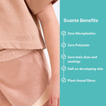 Girl wearing pink organic cotton crop t-shirt with 'Svante' branding, featuring benefits listed on a teal sidebar. 
