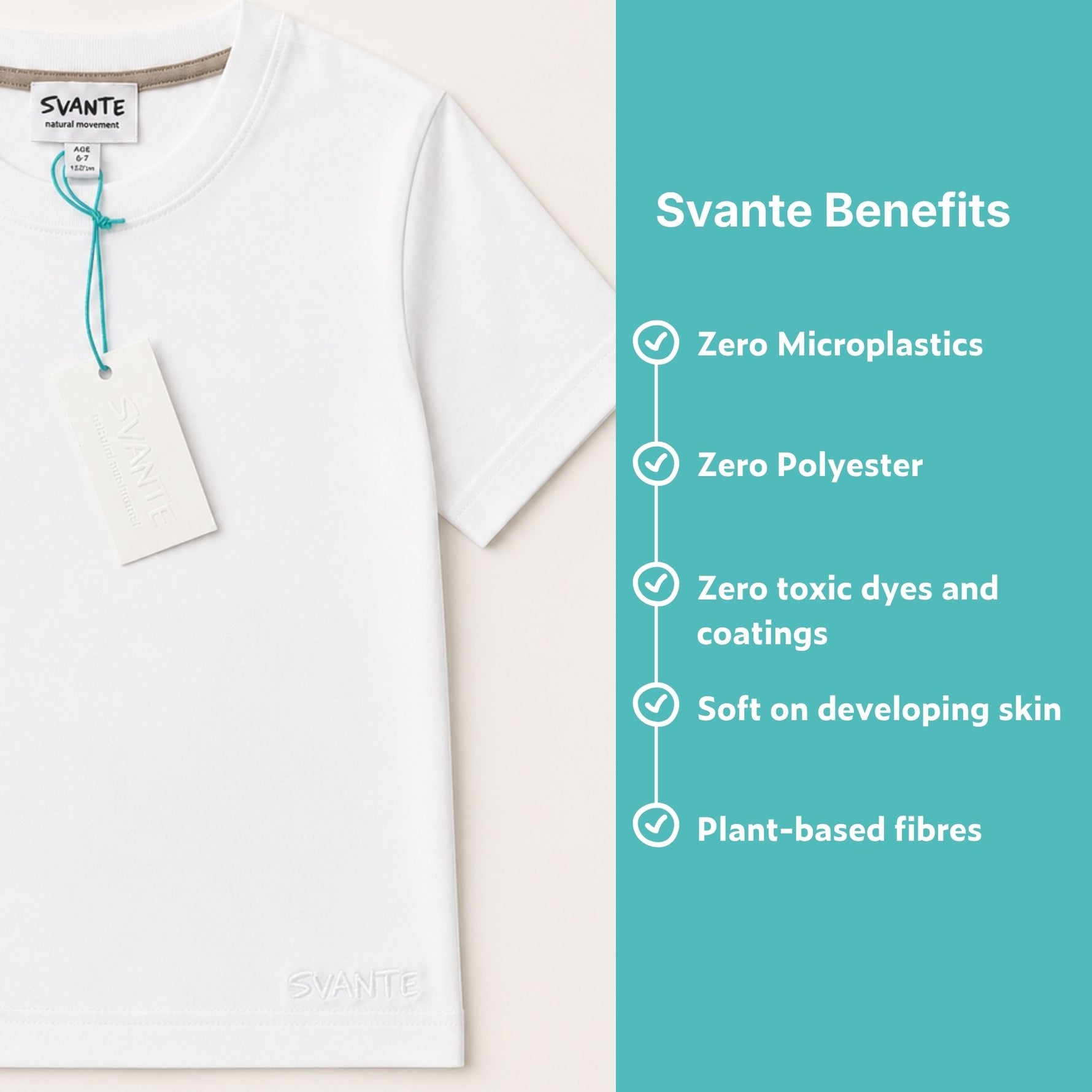 White organic cotton t-shirt with Svante branding and benefits listed on a teal background. 